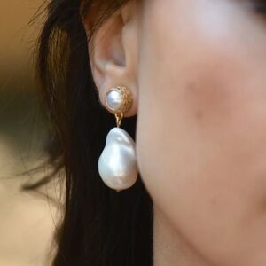 Large Baroque Pearl Drop Earrings, 22k gold plated
